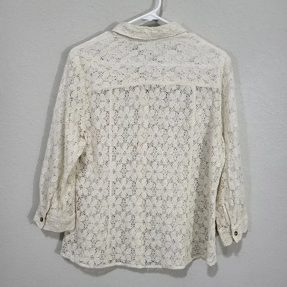 Coldwater Creek Lace Shirt Womens Large Cream Lace Summer Boho Coastal Cottage - Picture 2 of 12